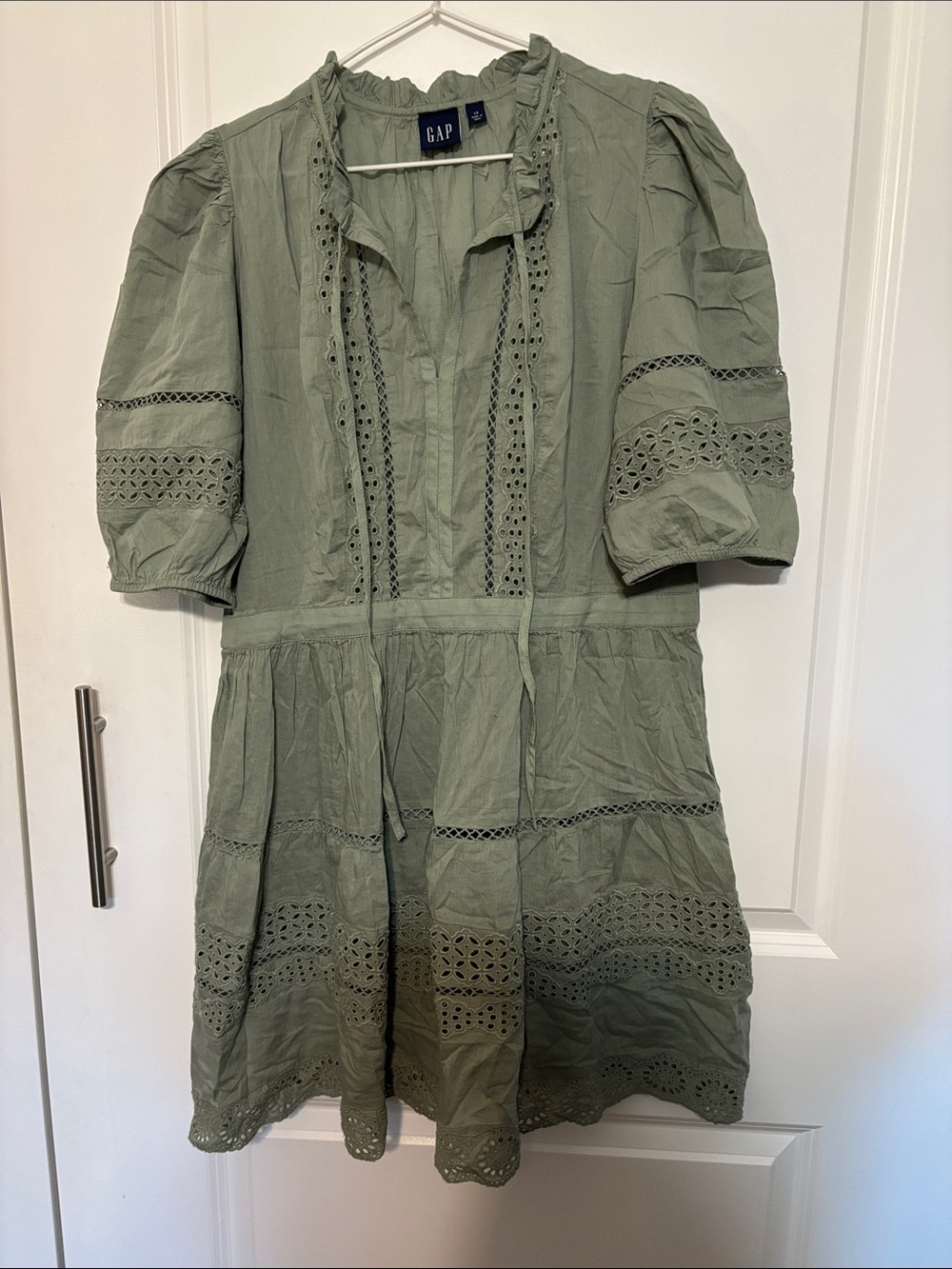GAP Sage Green Eyelet Tiered Mini Dress with Puff Sleeves
